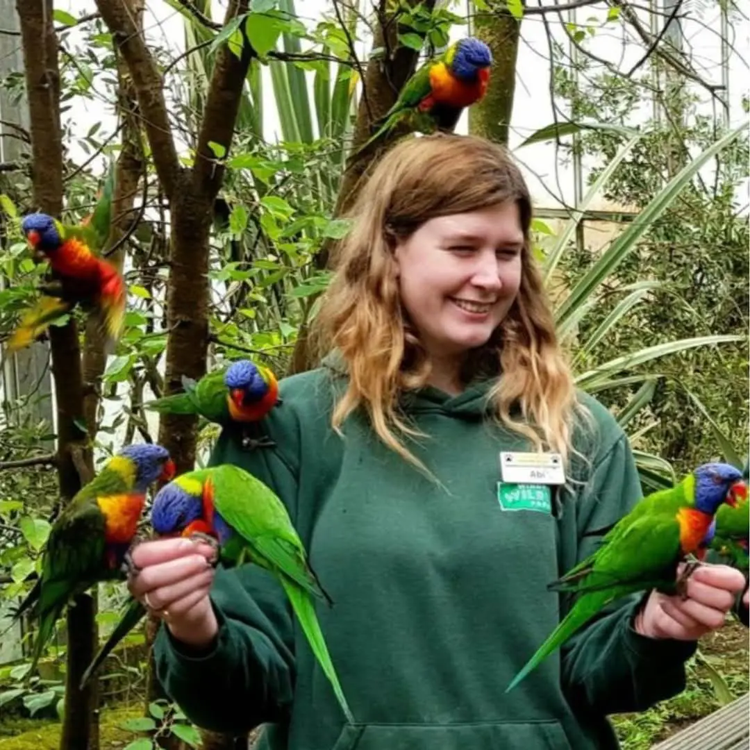 Alumna holding birds at work.